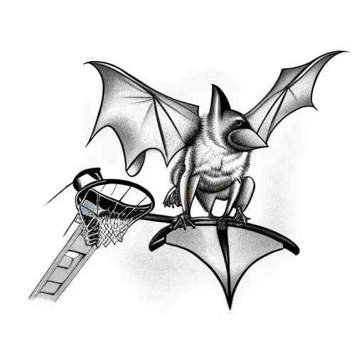 A Realistic Tattoo Of A Bat Playing Basketball With A Hoop In The Background