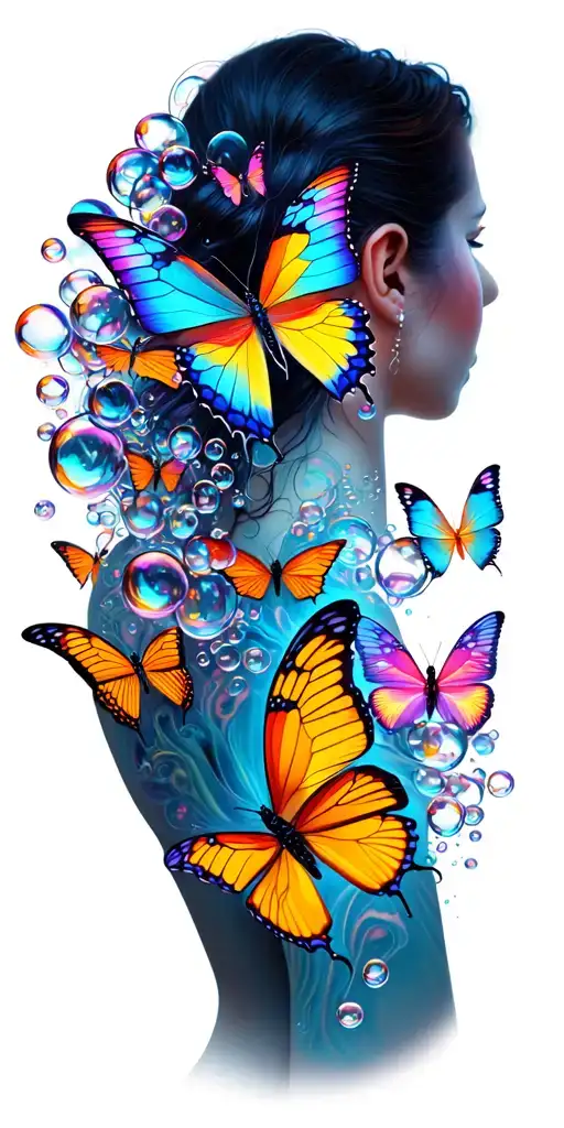 Vaporwave Butterflies Fluttering And Neon Bubbles Going Up Back