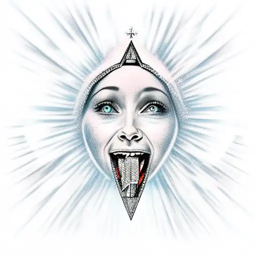 Mother Mary Sitting On Clouds Holding A Diamond With Her Tongue Out And Surrounded By Diamonds