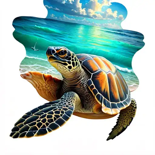 Sea Turtle With Beach Scene On Shell
