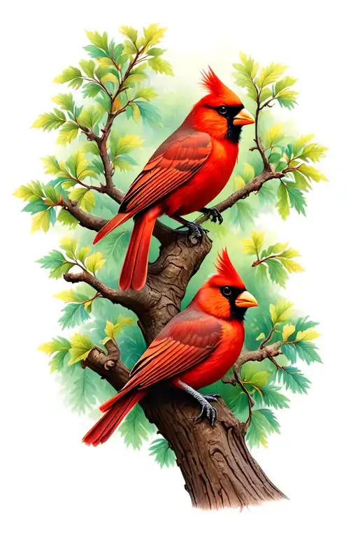 Male And Female Cardinal In A Southern Live Oak Tree
