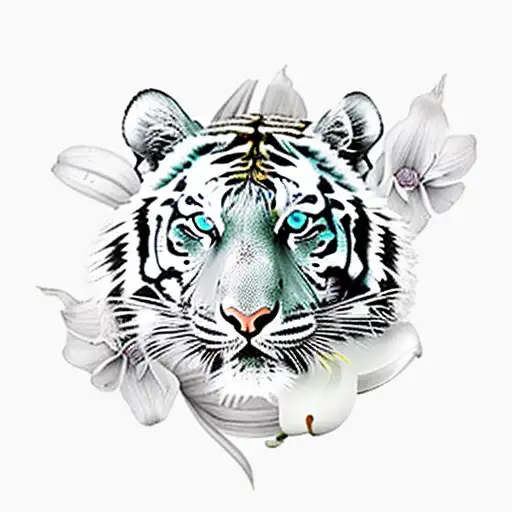 Tiger With Lily Flowers