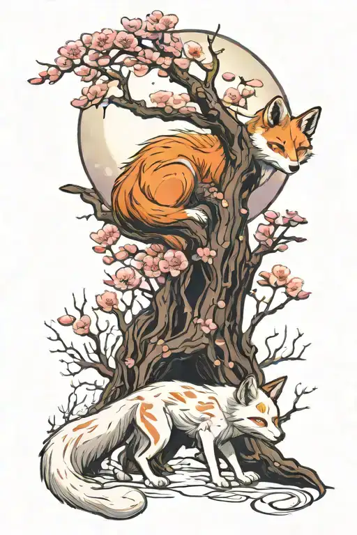 Kitsune Under Moonlight Of A Cherry Blossom Tree