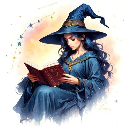 A Anime Woman Wizard Reading A Book In The Space With Astro Constellation Intertwined