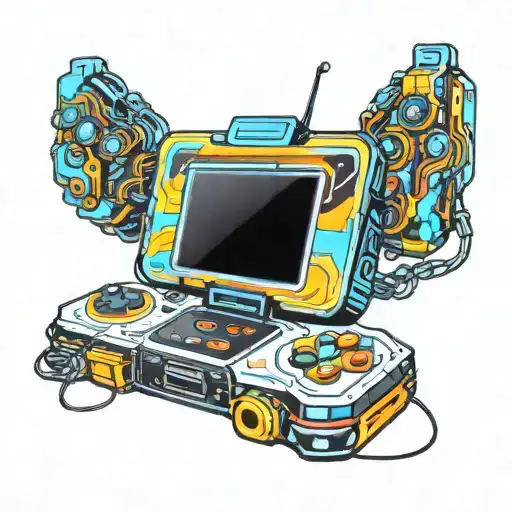 A Tron-inspired Gaming Console With Glowing Neon Lights And Pixel Art Characters