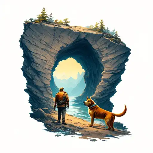 Man And Dog Exploring Cave With A Hole At The Top Of The Cave
