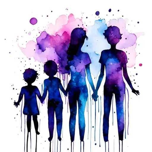 Stick Family Mom With Boy And Girl With Watercolors Purple Blue And Pink