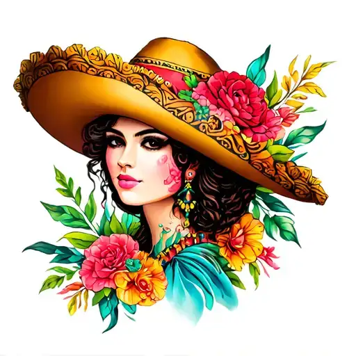 Colorful Feminine Tattoo Representing Mexican Culture And Animals
