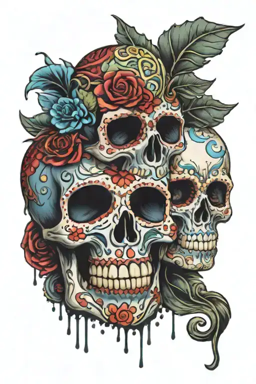 Sugar Skulls That Have Broken Open And Are Spilling Jewels And Crystals The Color Of Blood