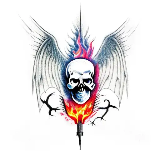Skull With Bat Wings And Flames
