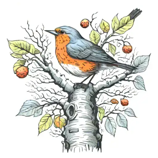 Birch Tree And Robin Singing Bird Perched