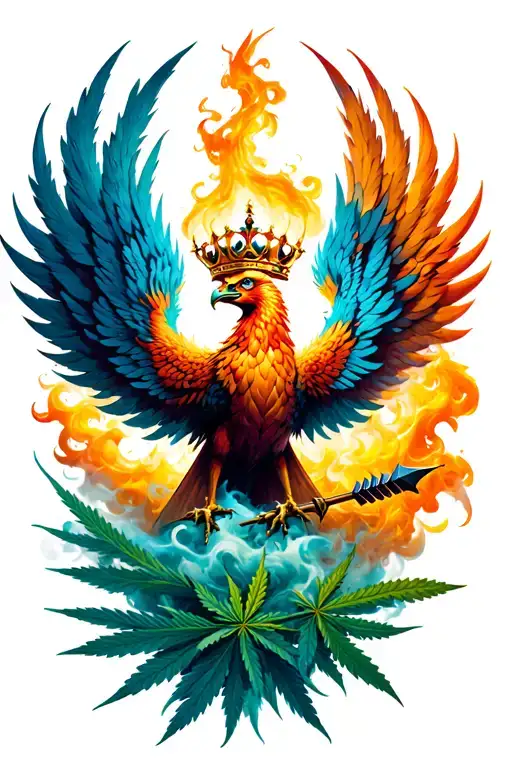 Phoenix Being Blown From Weed Smoke With 3 Eyes And A Crown Catching An Arrow In Its Mouth