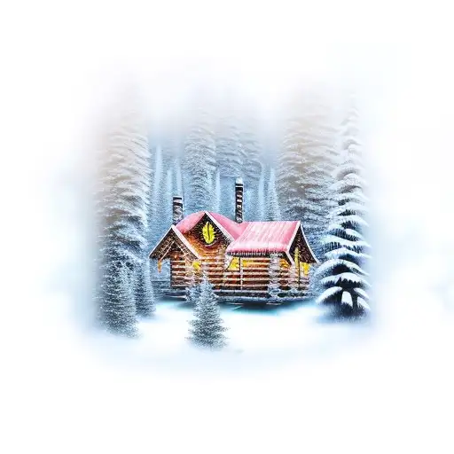 Snowy Forest With Cabin