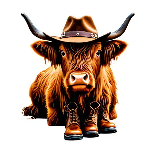 Highland Cow With Cowboy Hat And Cowboy Boots Sitting Facing Forward