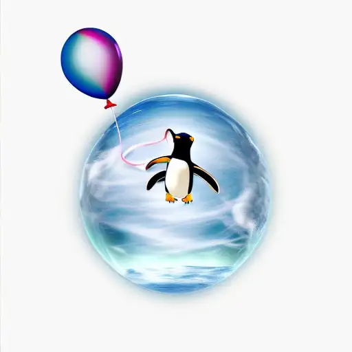Penguin Flying Away Using A Balloon From An Iceberg With Lions In It