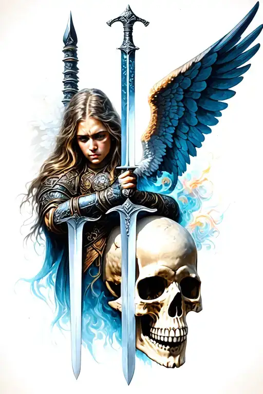 A Warrior Angel With A Sword Piercing Through A Skull