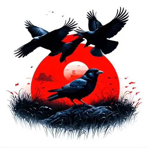 Crows Flying In Twilight Landscape In Red High You Answered Illustrative Realism Lines Marked S