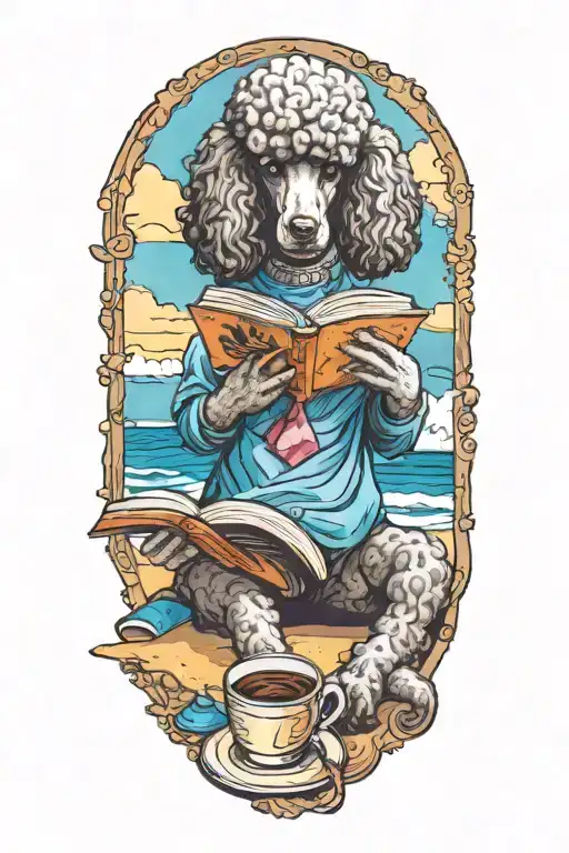 A Poodle Reading A Book With A Cup Of Coffee On The Beach