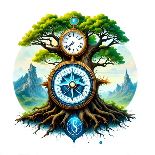 A Clock And Compass Overlooking The Yggdrasil Tree