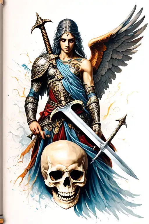 A Warrior Angel With A Sword Piercing Through A Skull