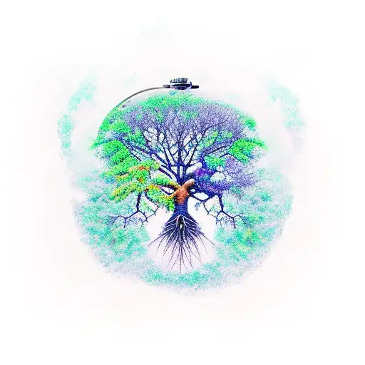 Large Tree With Roots Around An Old Fashioned Pocket Watch Green Blue Orange