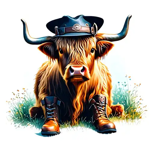 Highland Cow With Cowbot Hat And Boots Sitting Facing Forward