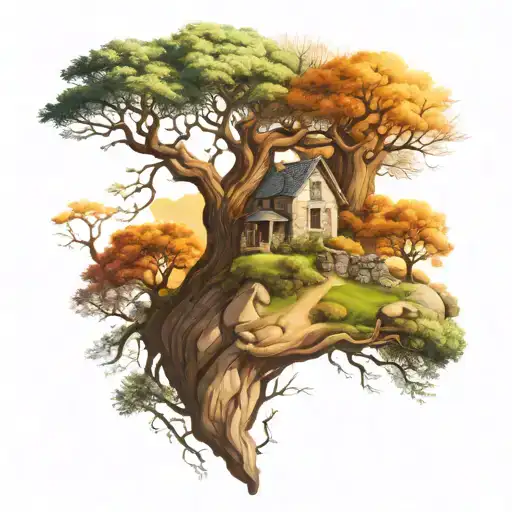 Mythical Tree Of Life Surrounded Stone House Leading Stone Road To Hills