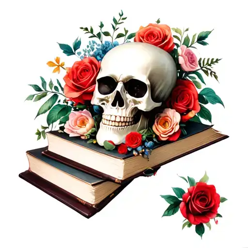 Skull Roses And Books Surrounded By Florals