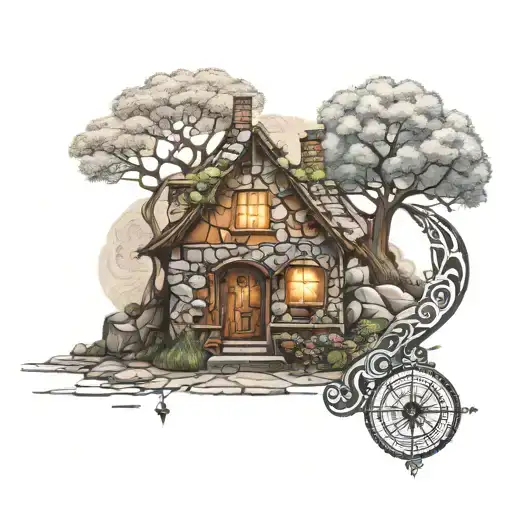 Power Of Life Tree Growing House Stone Road With Corner Small Rune Compass