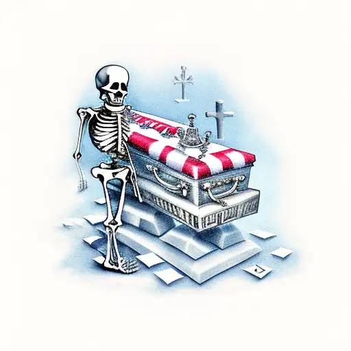 Skeleton In A Coffin With Gravestones