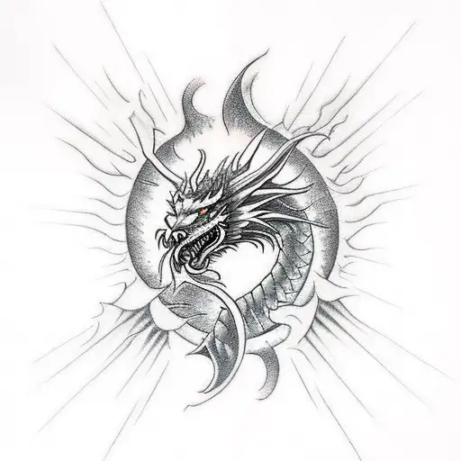 Create A Tattoo Idea With The Theme Of A Red And Orange Dragon Who Is The Son Of The Sun