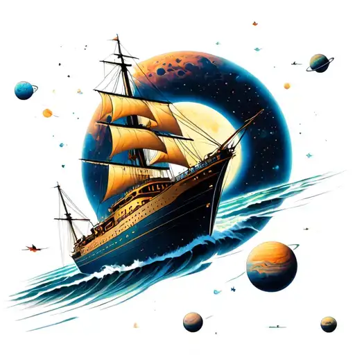 A Sea Ship In Space Flies Past Planets And A Black Hole