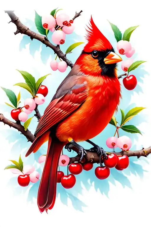 A Cardinal Sitting On A Cherry Tree Branch