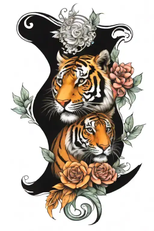 Realistic Virgo With Logo And Tiger With Flowers
