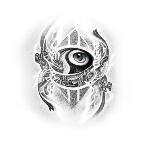 Black And White Sleeve Tattoo With Gemoetry Transitioning In To Flames