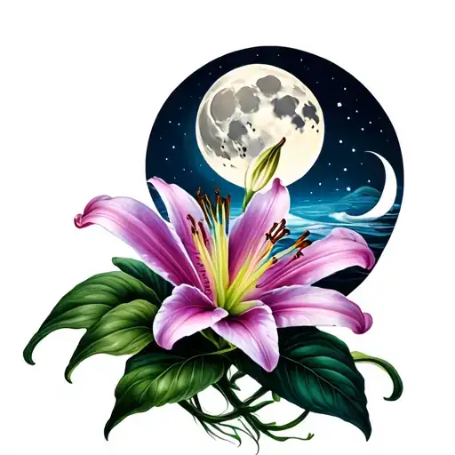 Lily Flower And Moon Phases Intertwined