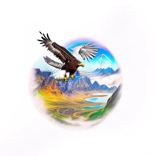 A Sketch-style Tattoo Of An Eagle Flying Through A Mountain Pass