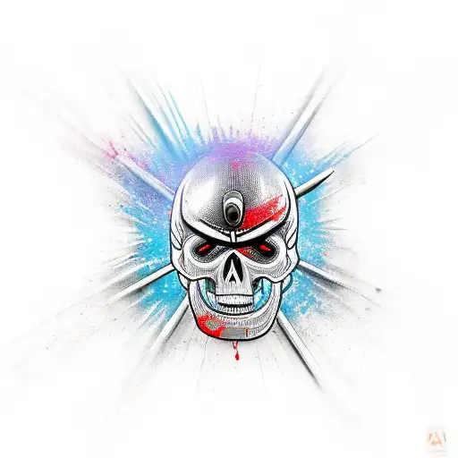 Katana Stabbed Through A Skull With Japanese Letters On The Blade