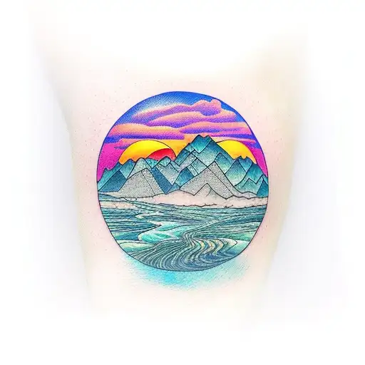 Sunset With Mountains And A River And Trees On The Forearm