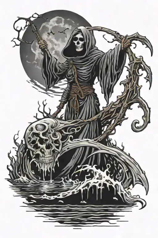 Female Grim Reaper Standing In Water At Night With Syth