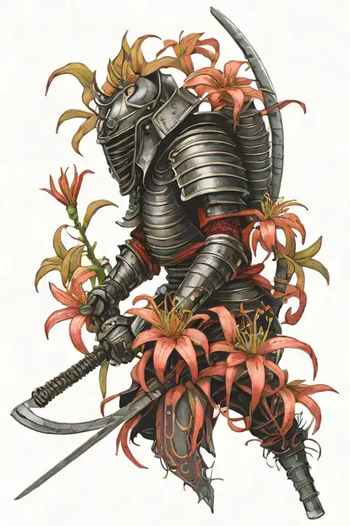Side Standing Samurai Warrior With Helmet And Black Face Background Red Colored Spider Lily