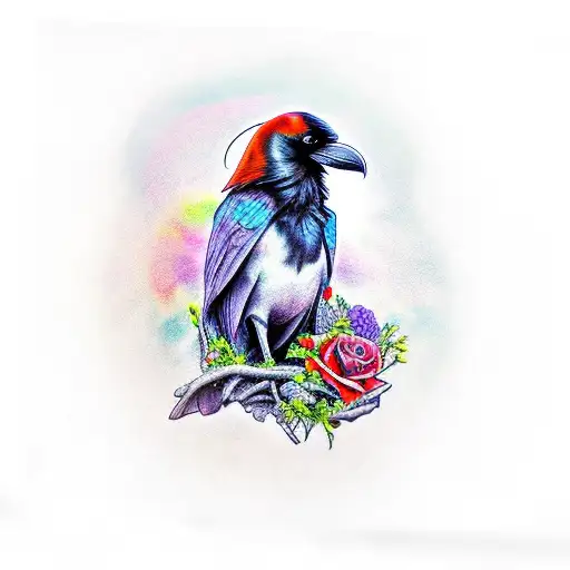 Raven Sitting On Top Of Half A Skull With Flowers Surrounding