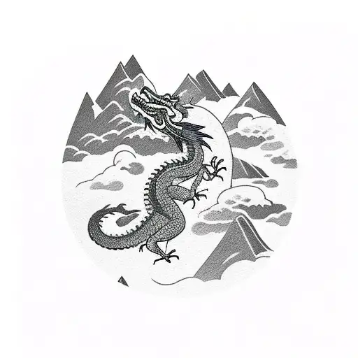 A Traditional-style Tattoo Of A Dragon Flying Over A Rocky Mountain Landscape