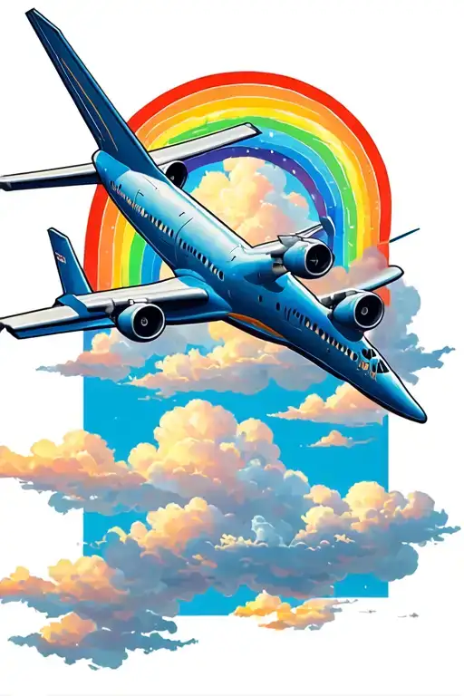 Airplane Flying Near Rainbow And Clouds But Make It Creative And Not Weird Looking