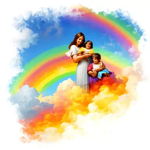 Double Rainbow In Sky With Mom Holding Boy And Girl Twins In Arms