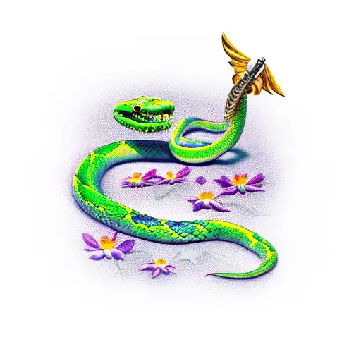 Snake Wrapped On A Dagger And Surrounded With Flowers