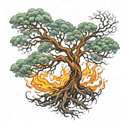Tree On Fire In Wind Blowing With Roots Reaching Deep