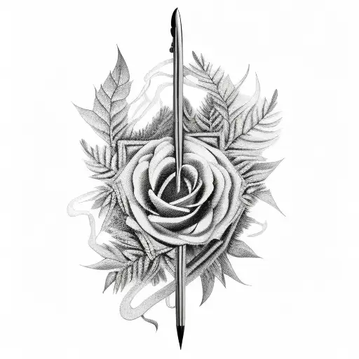 A Black And Grey Tattoo Of A Pen And Sword Intertwined With Foliage And Poetry Verses