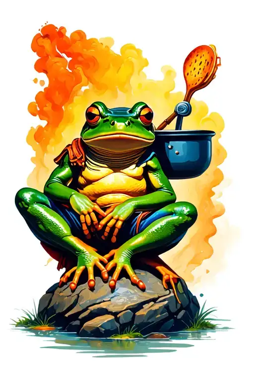 A Whimsical Frog Warrior Sitting On A Rock With A Big Frying Pan On His Back