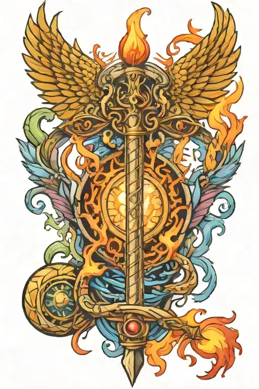 Caduceus Intertwined With Dna And Double Edge Sword On Fire With Chakra Colour And 3Rd Eye